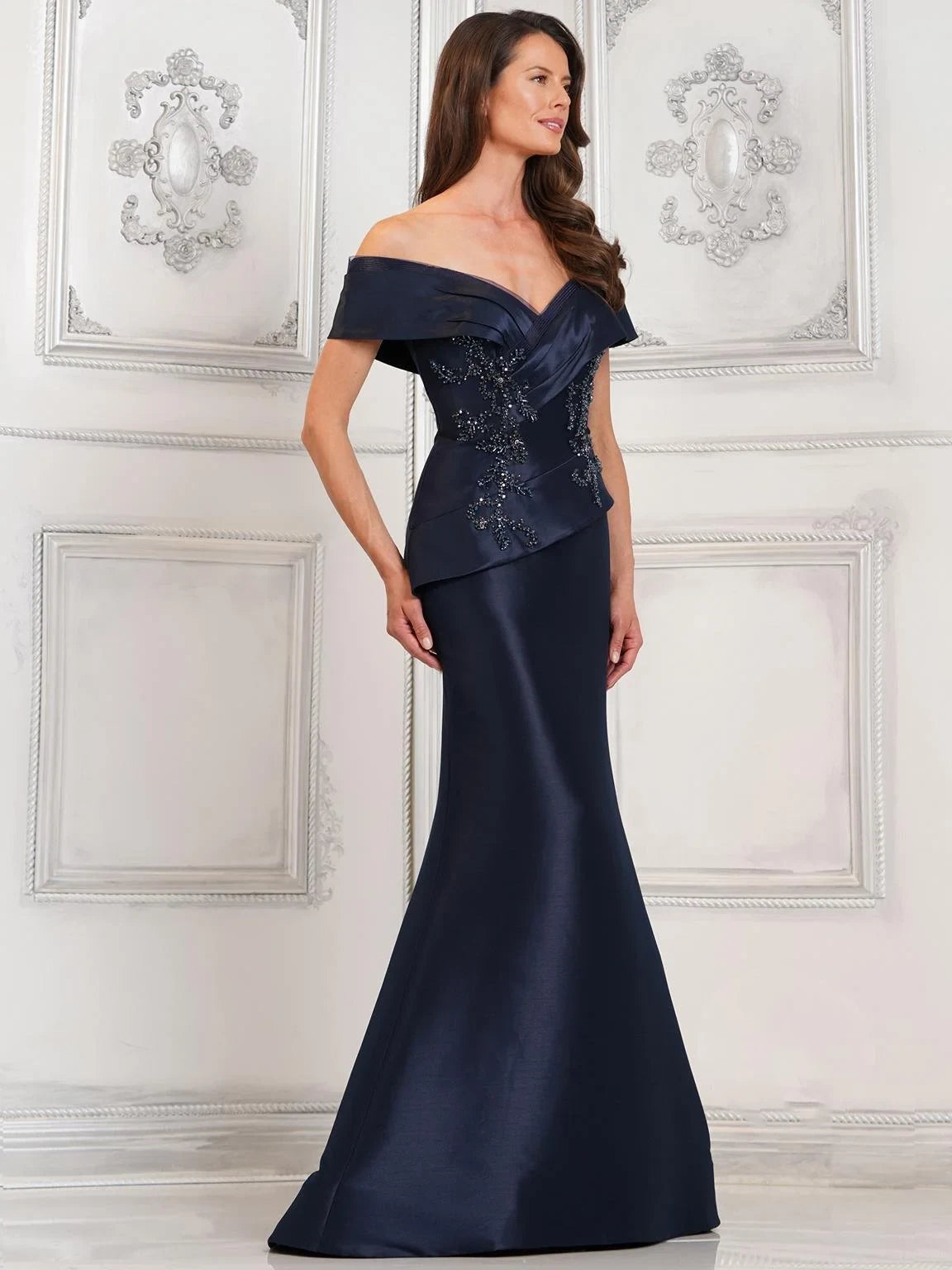 Elegant Mermaid Off-Shoulder Beaded Peplum Burgundy Floor-Length Mother of the Bride Gown