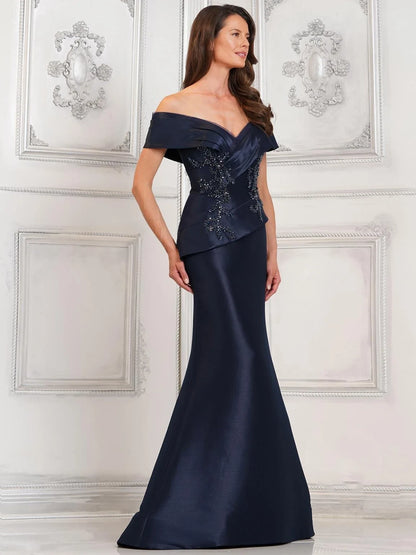 Elegant Mermaid Off-Shoulder Beaded Peplum Burgundy Floor-Length Mother of the Bride Gown