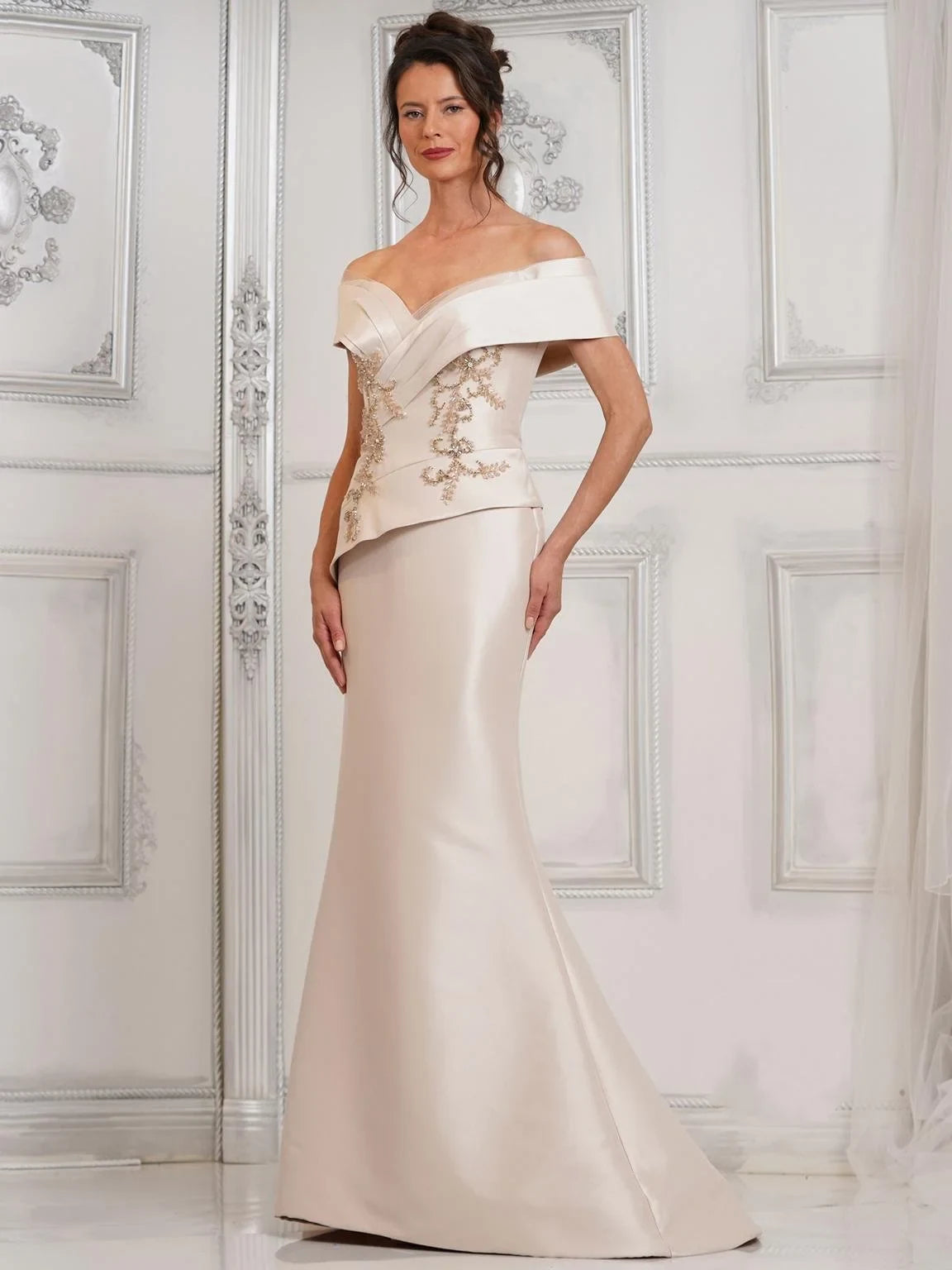 Elegant Mermaid Off-Shoulder Beaded Peplum Burgundy Floor-Length Mother of the Bride Gown