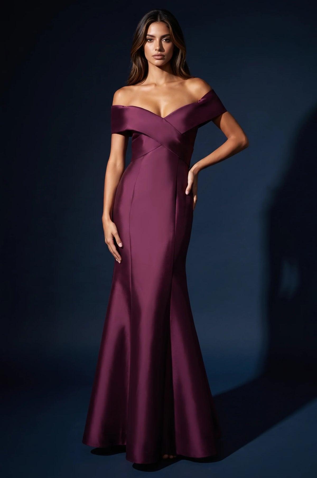 Elegant Mermaid Off-Shoulder Criss-Cross Plum Floor-Length Mother Of The Bride Dress Gown