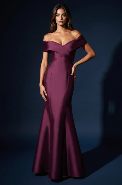 Elegant Mermaid Off-Shoulder Criss-Cross Plum Floor-Length Mother Of The Bride Dress Gown