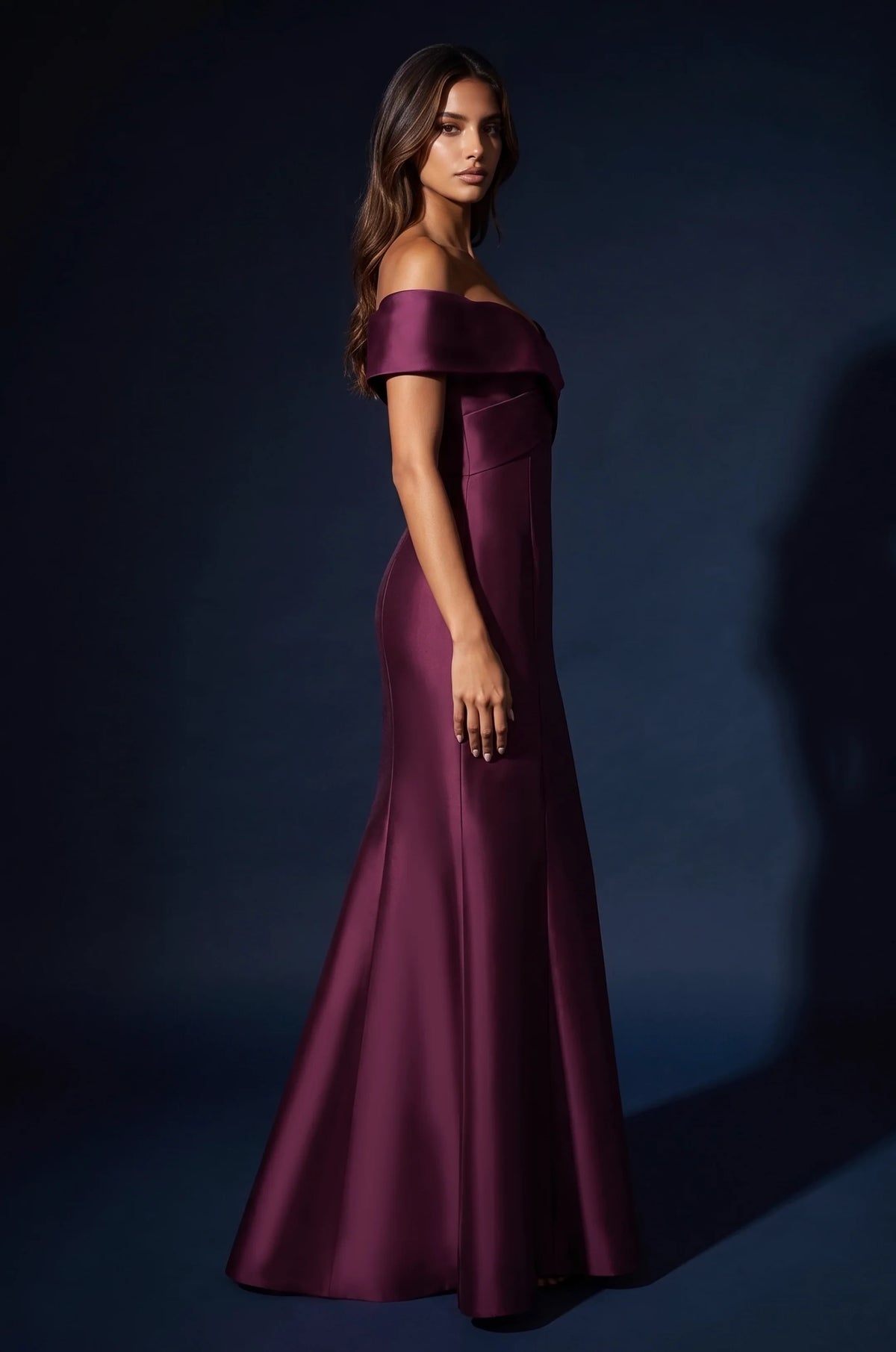 Elegant Mermaid Off-Shoulder Criss-Cross Plum Floor-Length Mother Of The Bride Dress Gown