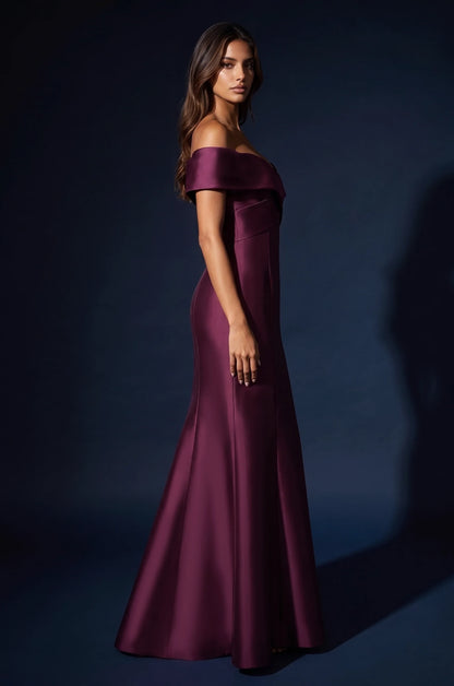 Elegant Mermaid Off-Shoulder Criss-Cross Plum Floor-Length Mother Of The Bride Dress Gown