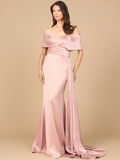 Elegant Mermaid Off-Shoulder Draped Blush Long Mother Of The Bride Dress