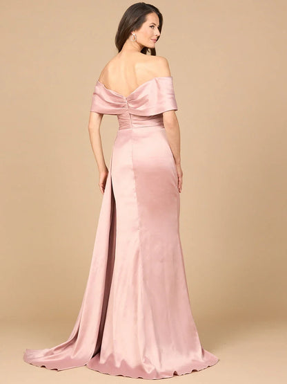 Elegant Mermaid Off-Shoulder Draped Blush Long Mother Of The Bride Dress