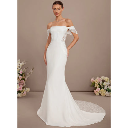 Elegant Mermaid Off-Shoulder Draped Lace White Floor-Length Wedding Gown