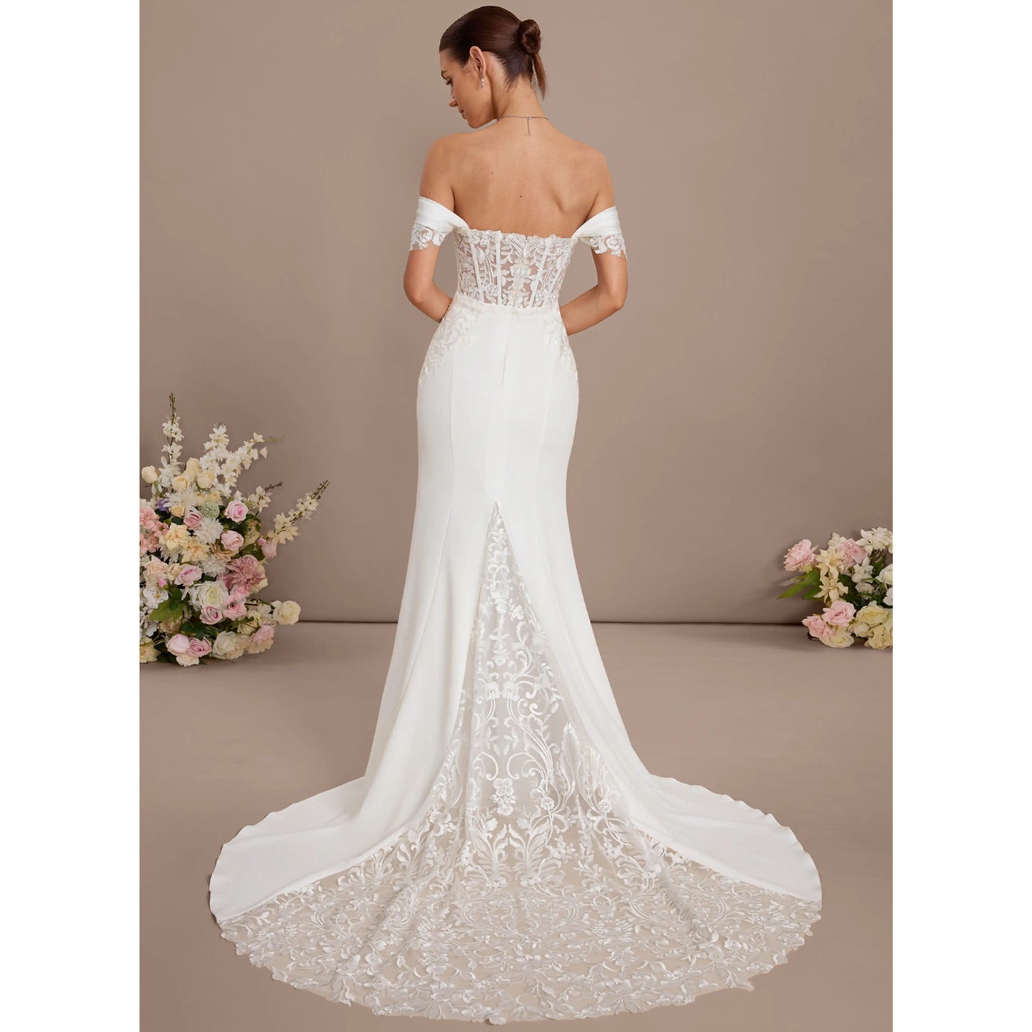 Elegant Mermaid Off-Shoulder Draped Lace White Floor-Length Wedding Gown