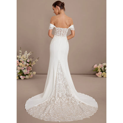 Elegant Mermaid Off-Shoulder Draped Lace White Floor-Length Wedding Gown