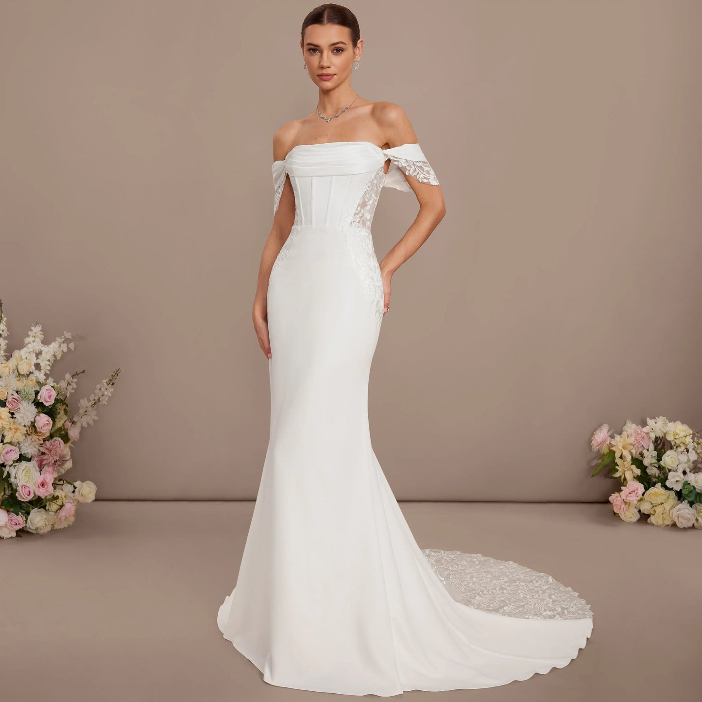 Elegant Mermaid Off-Shoulder Draped Lace White Floor-Length Wedding Gown