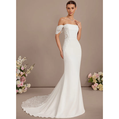 Elegant Mermaid Off-Shoulder Draped Lace White Floor-Length Wedding Gown