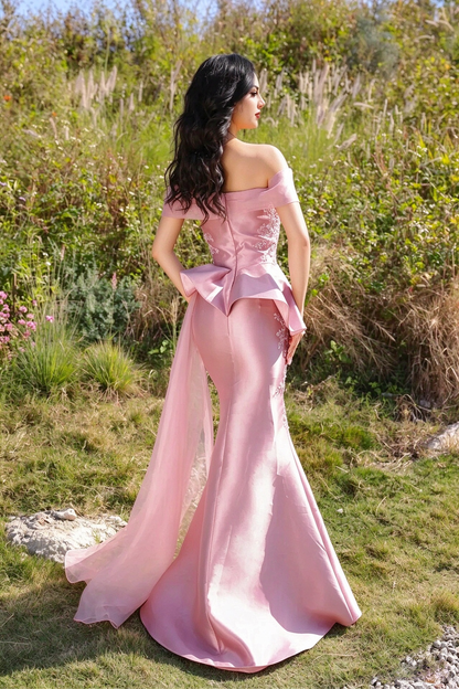 Elegant Mermaid Off-Shoulder Embellished Pink Floor-Length Mother of the Bride Gown