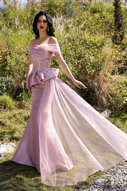 Elegant Mermaid Off-Shoulder Embellished Pink Floor-Length Mother of the Bride Gown