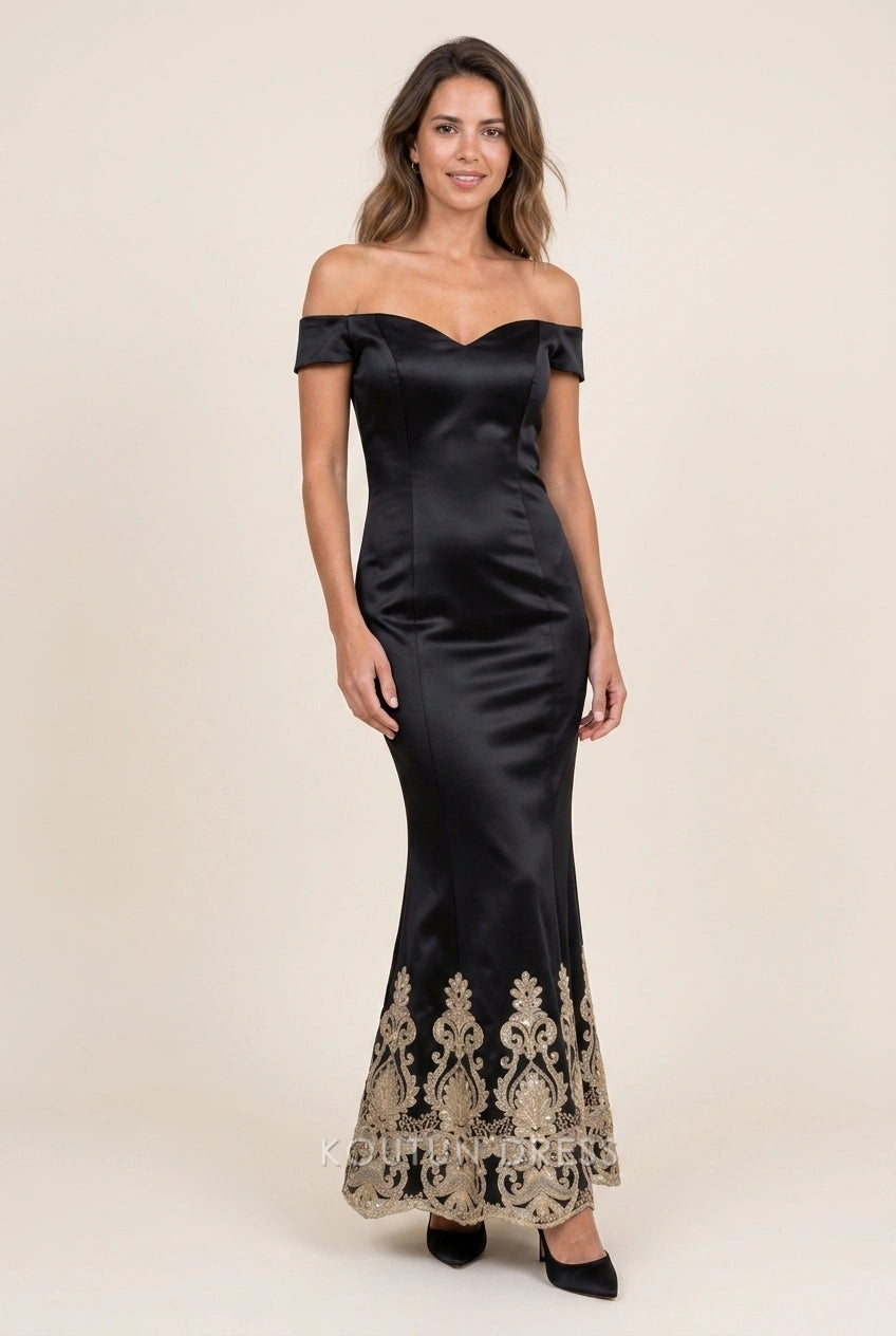 Elegant Mermaid Off-Shoulder Embroidered Black Floor-Length Prom Dress