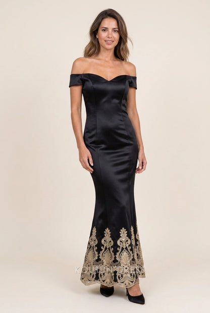 Elegant Mermaid Off-Shoulder Embroidered Black Floor-Length Prom Dress