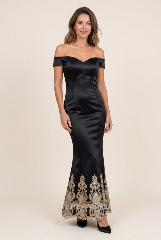 Elegant Mermaid Off-Shoulder Embroidered Black Floor-Length Prom Dress