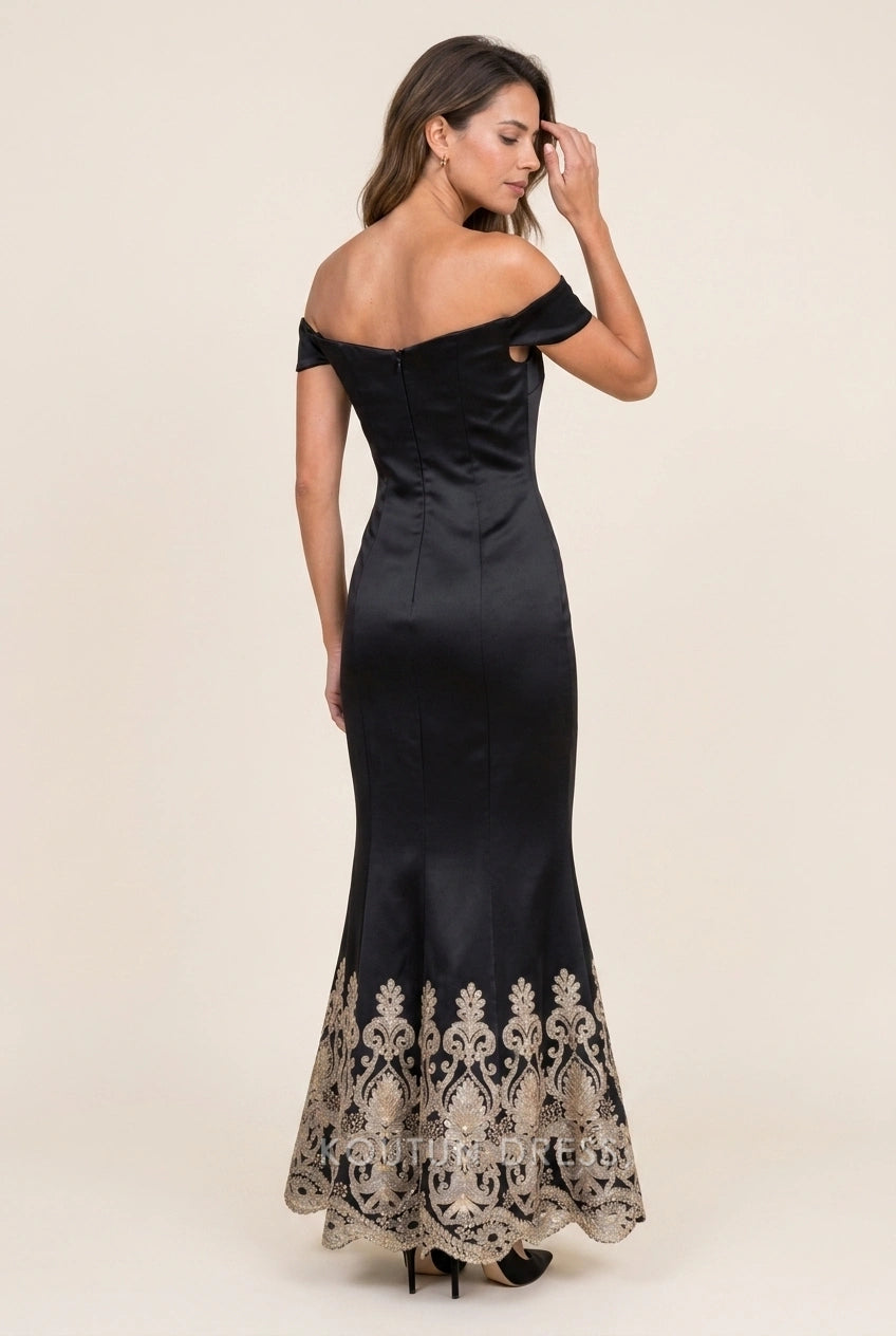 Elegant Mermaid Off-Shoulder Embroidered Black Floor-Length Prom Dress