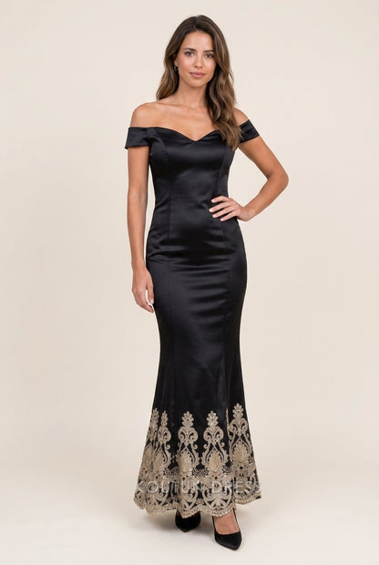 Elegant Mermaid Off-Shoulder Embroidered Black Floor-Length Prom Dress