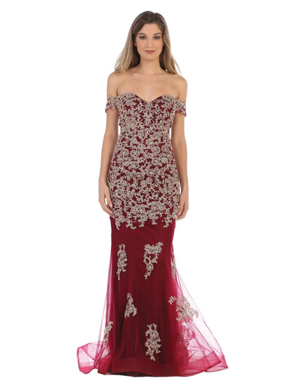 Elegant Mermaid Off-Shoulder Embroidered Burgundy Long Mother of the Bride Dress Gown