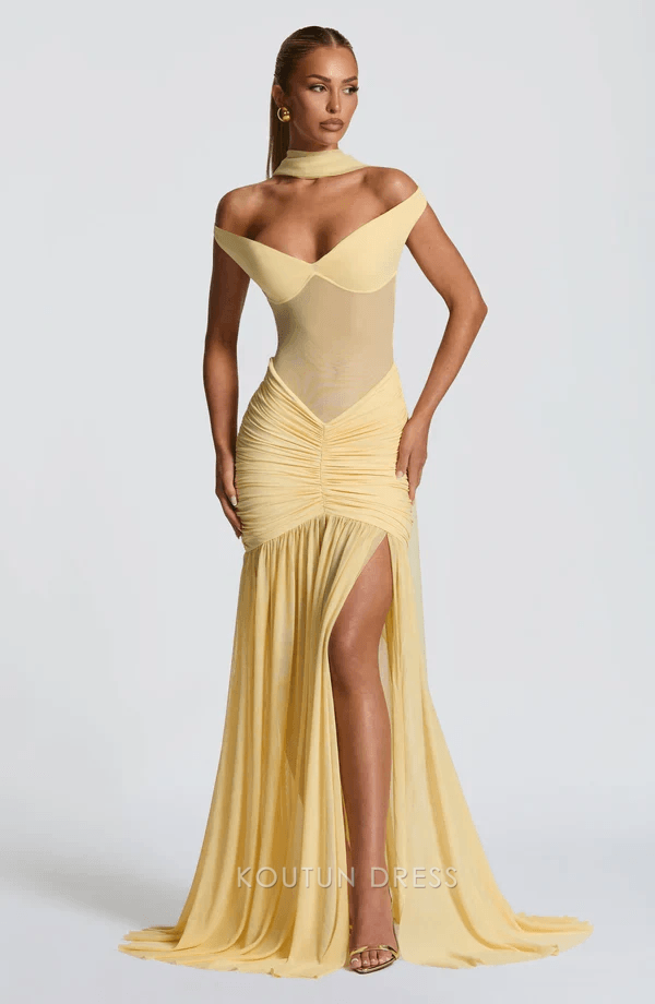 Elegant Mermaid Off-Shoulder High Slit Ruched Lemon Yellow Floor-Length Prom Dresses Women's Gown