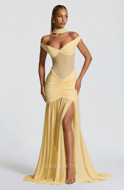 Elegant Mermaid Off-Shoulder High Slit Ruched Lemon Yellow Floor-Length Prom Dresses Women's Gown