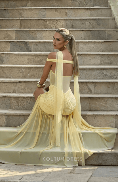 Elegant Mermaid Off-Shoulder High Slit Ruched Lemon Yellow Floor-Length Prom Dresses Women's Gown