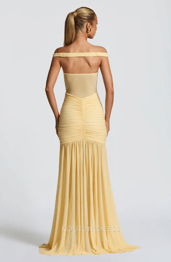 Elegant Mermaid Off-Shoulder High Slit Ruched Lemon Yellow Floor-Length Prom Dresses Women's Gown