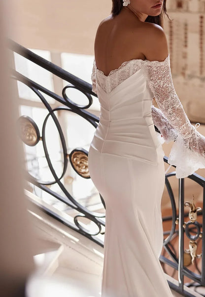 Elegant Mermaid Off-Shoulder Long Sleeve Lace Ivory Floor-Length Wedding Gown