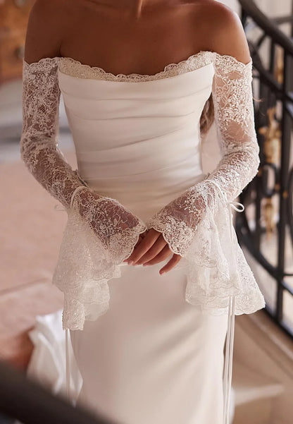 Elegant Mermaid Off-Shoulder Long Sleeve Lace Ivory Floor-Length Wedding Gown