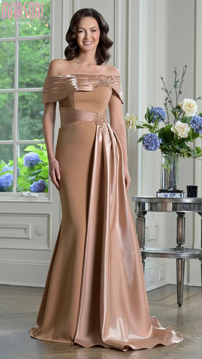 Elegant Mermaid Off-Shoulder Pleated Antique Gold Floor-Length Mother of the Bride Gown