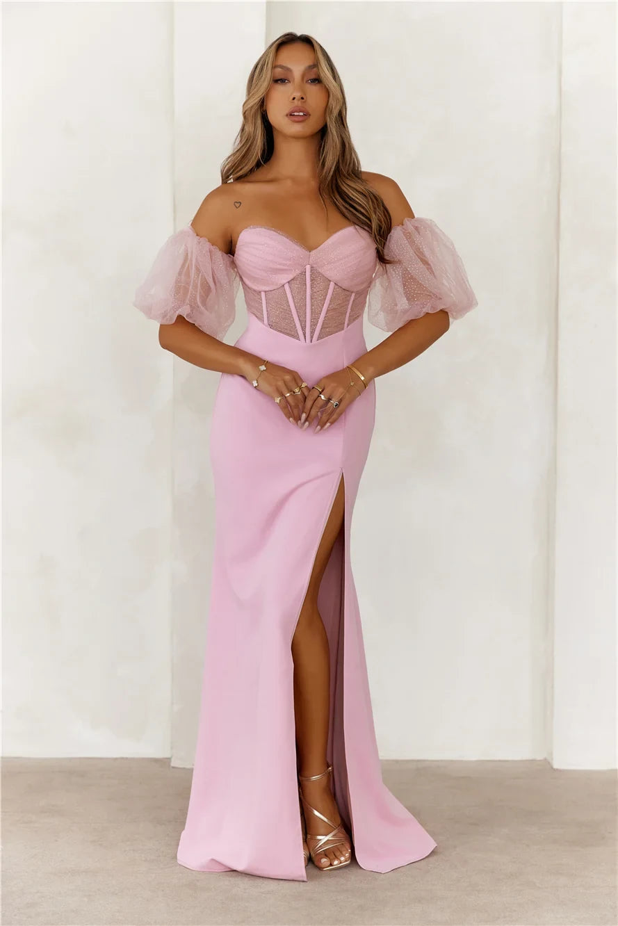Elegant Mermaid Off-Shoulder Puff Sleeve Corset Pink Floor-Length Prom Dress Women's Gown