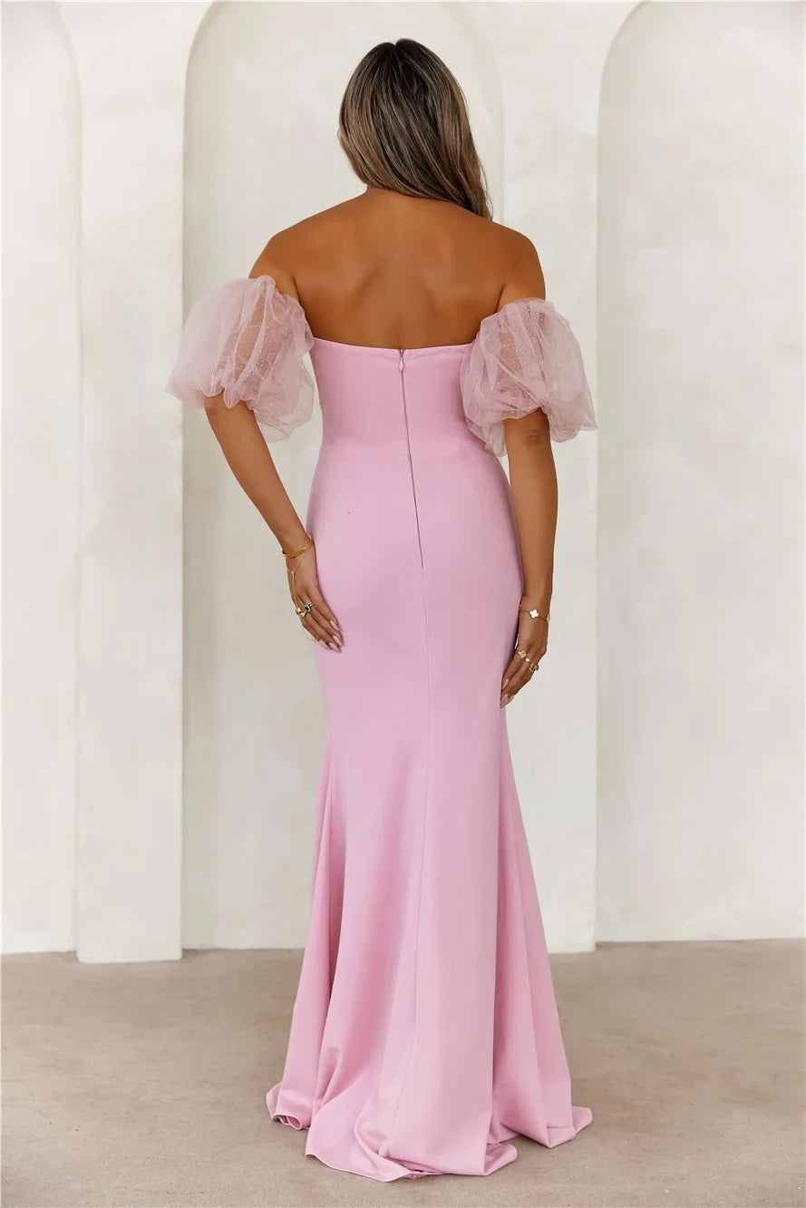 Elegant Mermaid Off-Shoulder Puff Sleeve Corset Pink Floor-Length Prom Dress Women's Gown