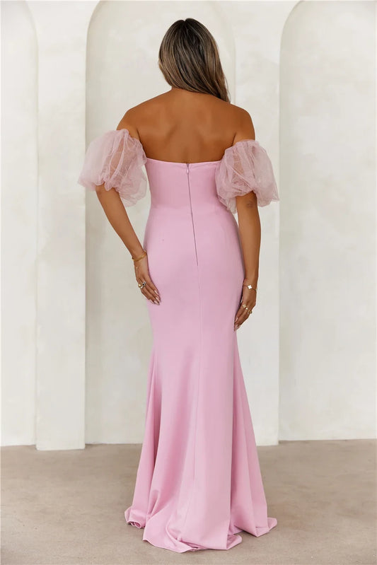 Elegant Mermaid Off-Shoulder Puff Sleeve Corset Pink Floor-Length Prom Dress Women's Gown