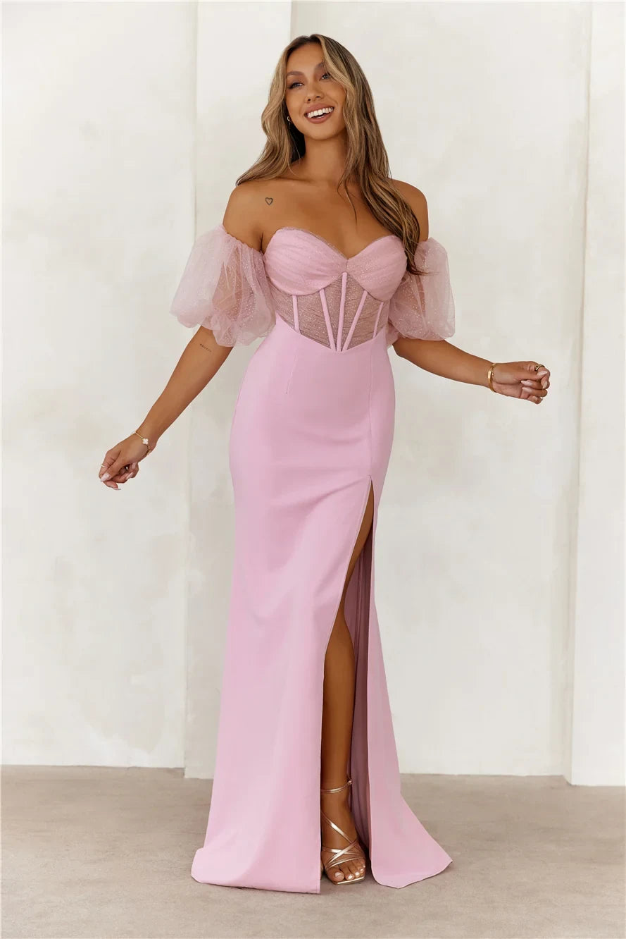 Elegant Mermaid Off-Shoulder Puff Sleeve Corset Pink Floor-Length Prom Dress Women's Gown