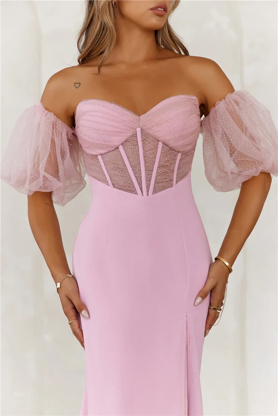Elegant Mermaid Off-Shoulder Puff Sleeve Corset Pink Floor-Length Prom Dress Women's Gown
