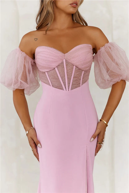 Elegant Mermaid Off-Shoulder Puff Sleeve Corset Pink Floor-Length Prom Dress Women's Gown