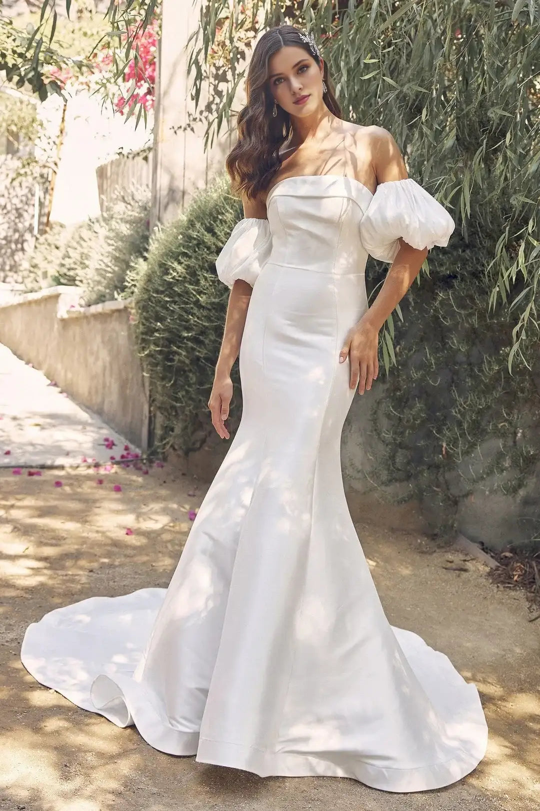 Elegant Mermaid Off-Shoulder Puffy Sleeves Modern White Floor-Length Wedding Gown