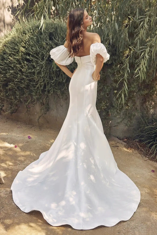 Elegant Mermaid Off-Shoulder Puffy Sleeves Modern White Floor-Length Wedding Gown