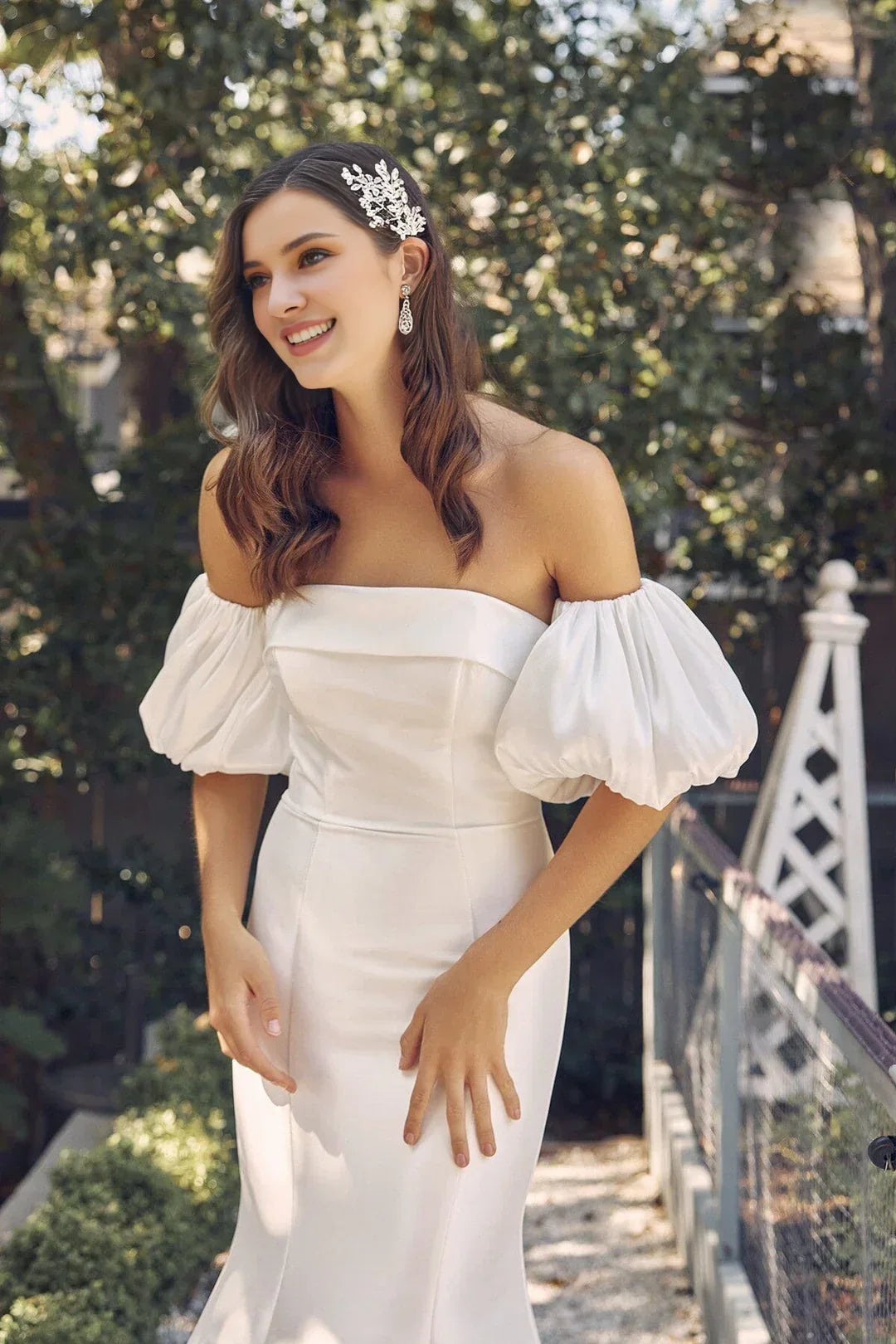 Elegant Mermaid Off-Shoulder Puffy Sleeves Modern White Floor-Length Wedding Gown