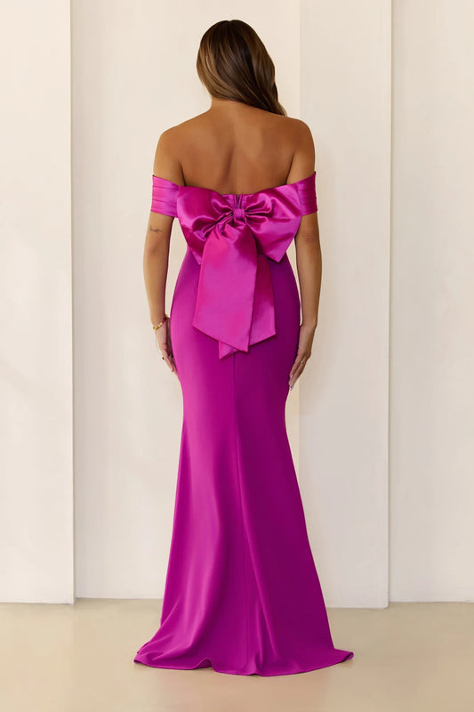 Elegant Mermaid Off-Shoulder Ruched Bow-Back Fuchsia Floor-Length Prom Gown