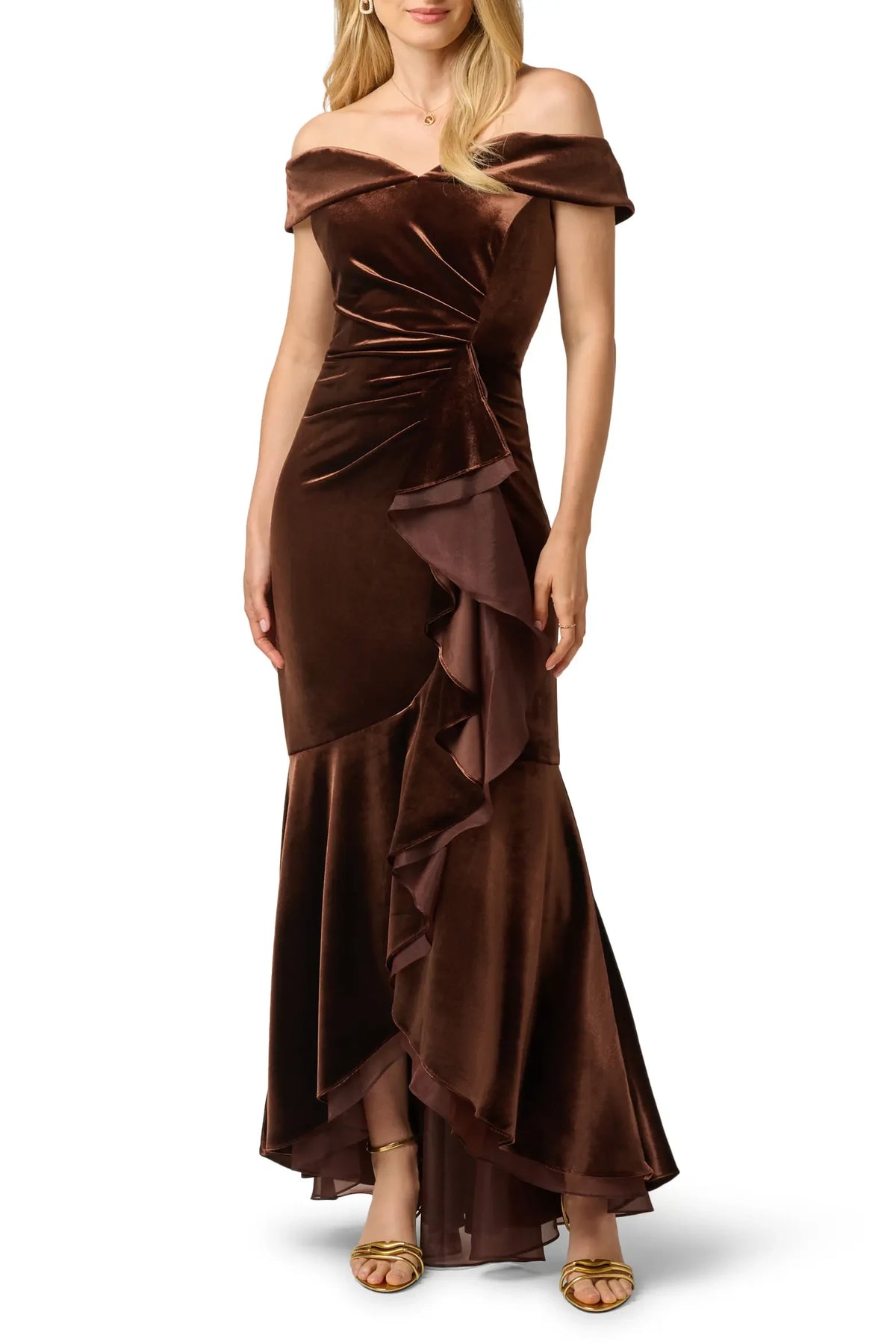 Elegant Mermaid Off-Shoulder Ruched Ruffled Chocolate Floor-Length Mother of the Bride Gown