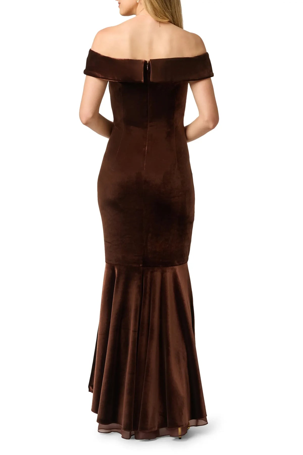 Elegant Mermaid Off-Shoulder Ruched Ruffled Chocolate Floor-Length Mother of the Bride Gown