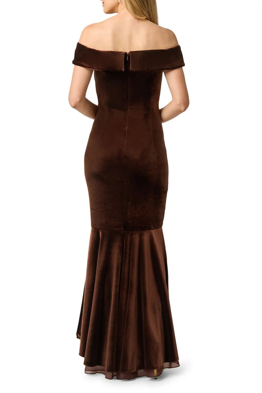 Elegant Mermaid Off-Shoulder Ruched Ruffled Chocolate Floor-Length Mother of the Bride Gown