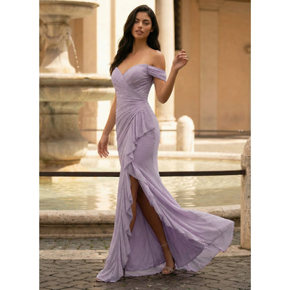 Elegant Mermaid Off-Shoulder Ruched Slit Lavender Floor-Length Women's Prom Dresses Gown