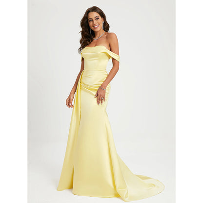 Elegant Mermaid Off-Shoulder Ruched Slit Pale Yellow Floor-Length Prom Gown