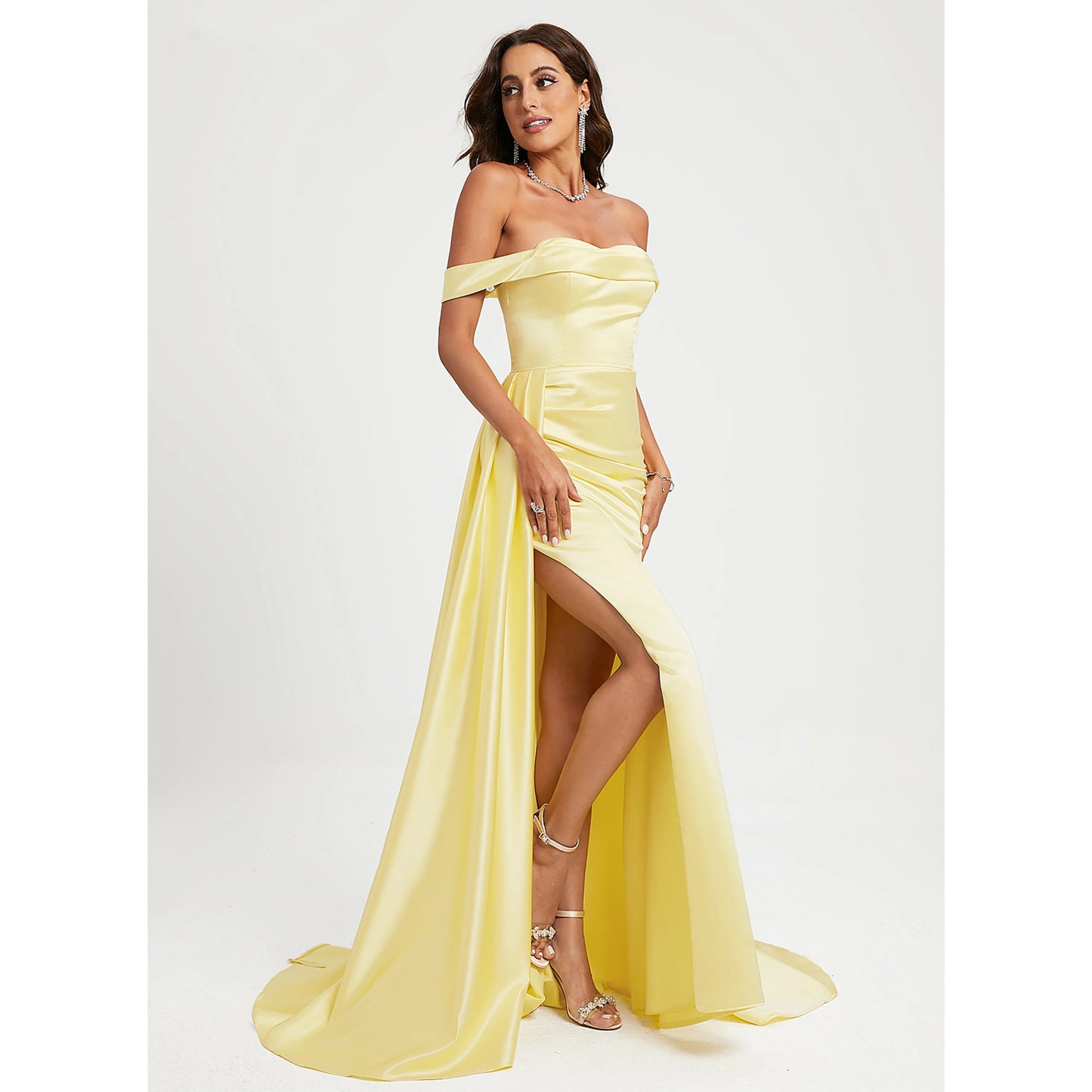 Elegant Mermaid Off-Shoulder Ruched Slit Pale Yellow Floor-Length Prom Gown