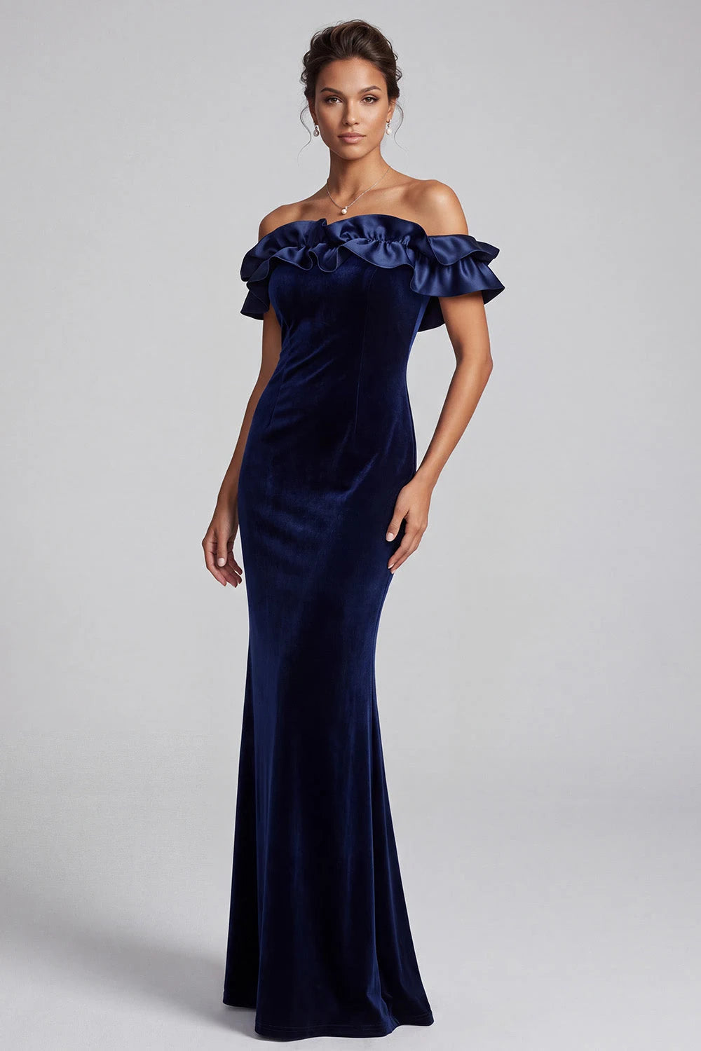 Elegant Mermaid Off-Shoulder Ruffled Glamorous Navy Blue Floor-Length Prom Gown