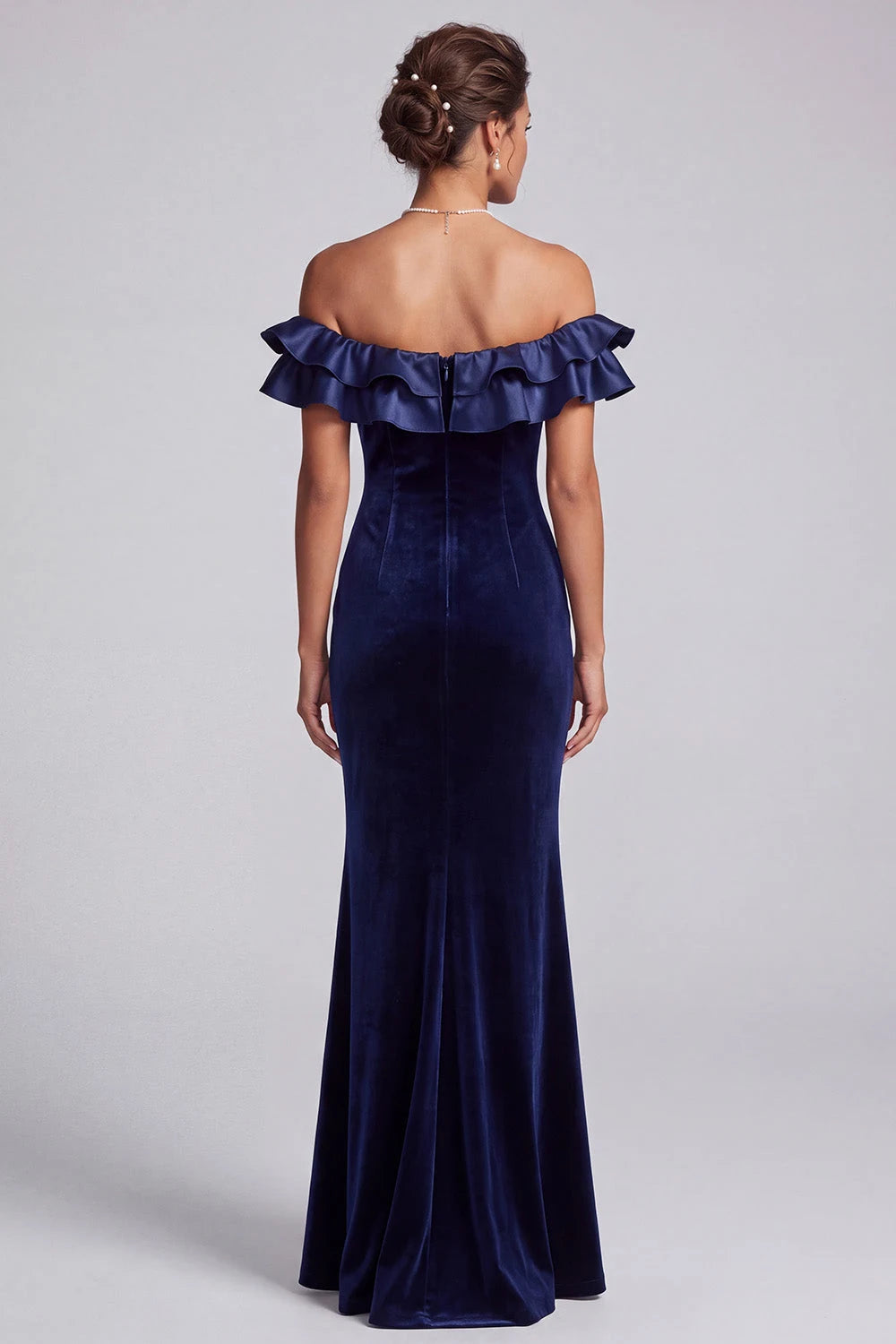 Elegant Mermaid Off-Shoulder Ruffled Glamorous Navy Blue Floor-Length Prom Gown