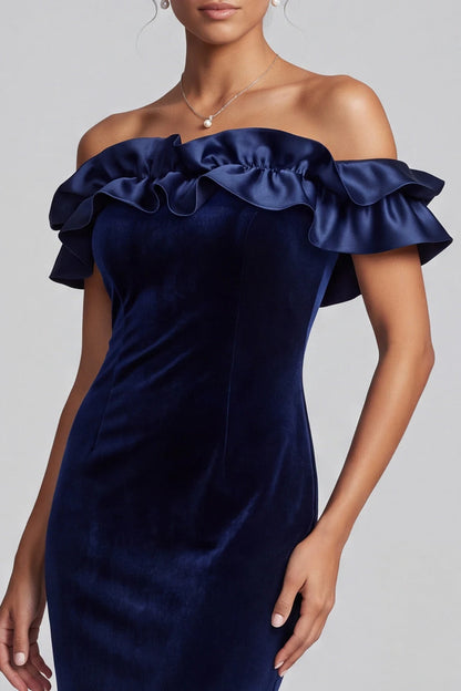 Elegant Mermaid Off-Shoulder Ruffled Glamorous Navy Blue Floor-Length Prom Gown