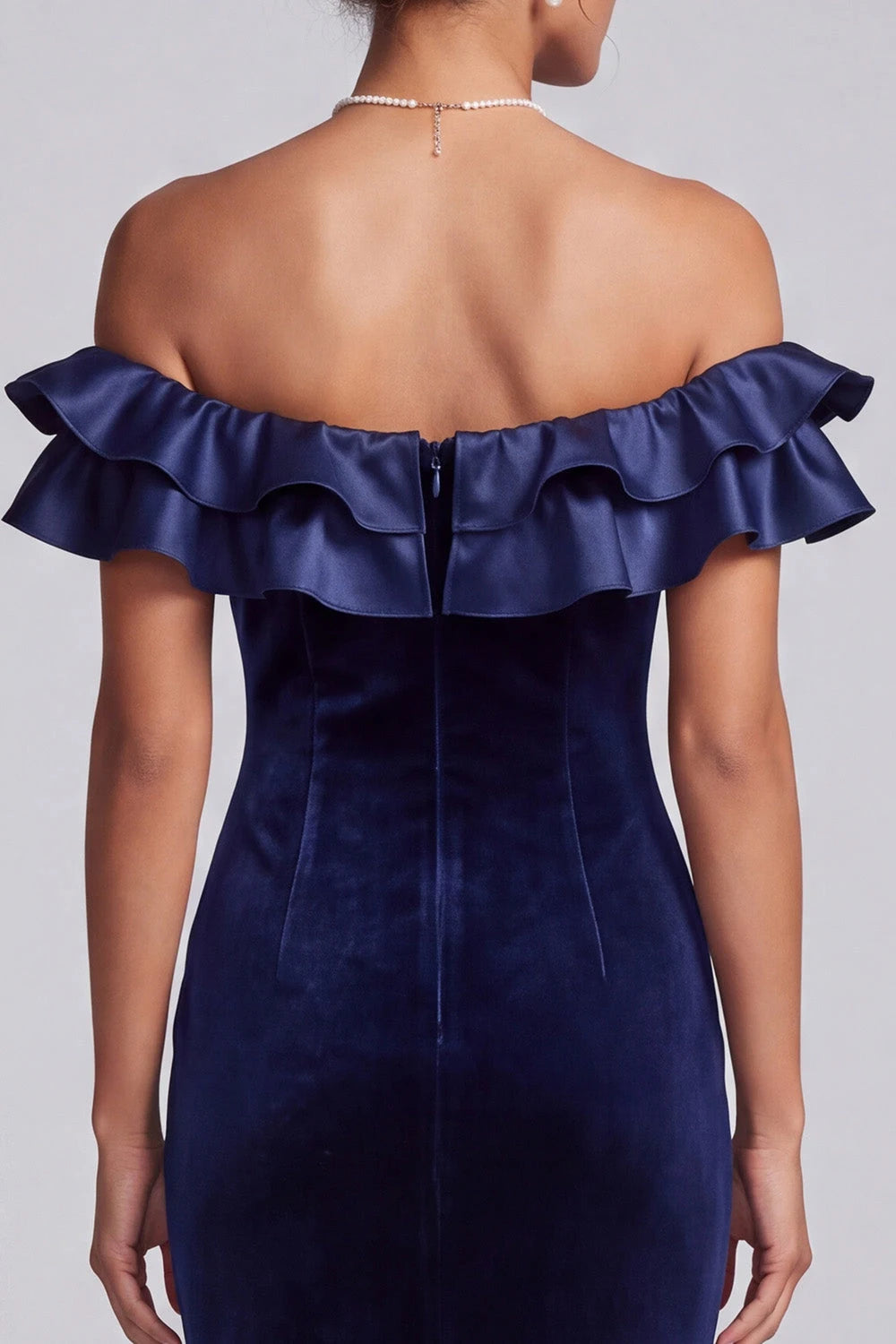 Elegant Mermaid Off-Shoulder Ruffled Glamorous Navy Blue Floor-Length Prom Gown