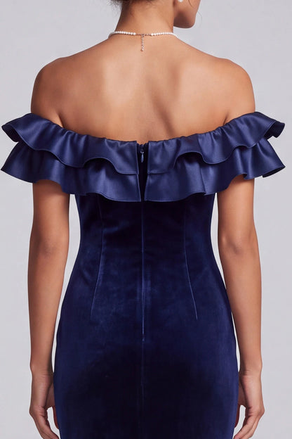 Elegant Mermaid Off-Shoulder Ruffled Glamorous Navy Blue Floor-Length Prom Gown